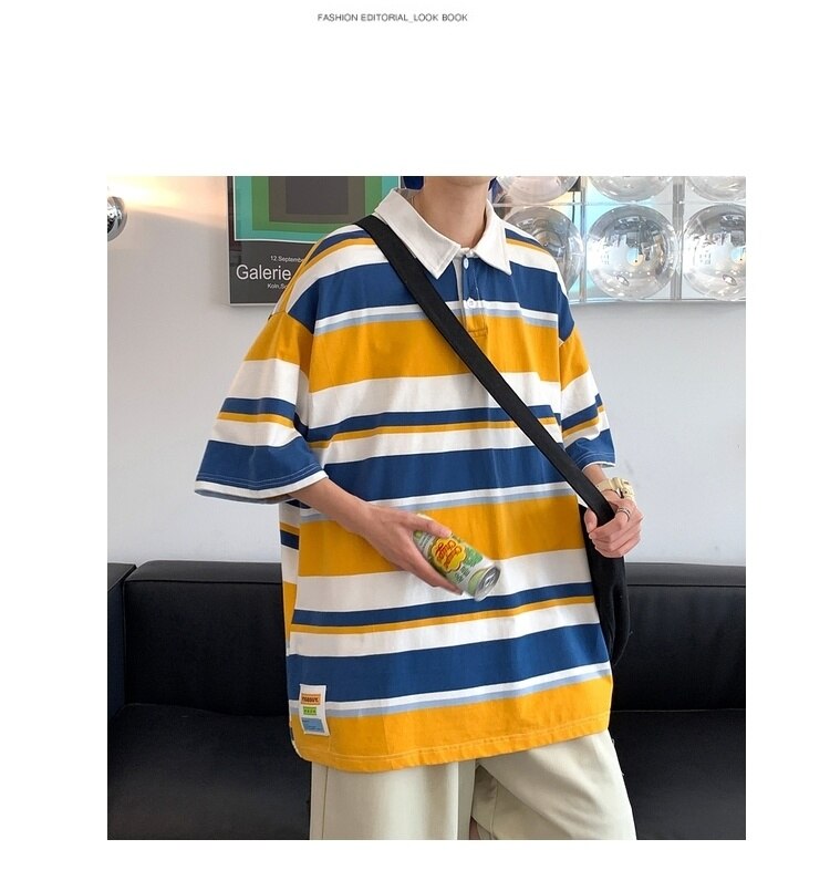 Bonsir Summer Men's Stripe Printing Short Sleeve T-shirt Lapel Collar Cotton Clothes Tshirts Blue/Apricot/yellow Cotton T Shirts