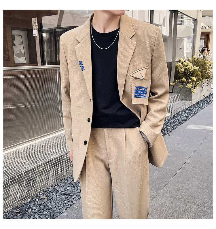 Bonsir Mens Suits Sets Jacket Pant Men Korean Streetwear Office Fashion Loose Casual Blazer Suit Jacket Pant Chic Trend Dress Suits