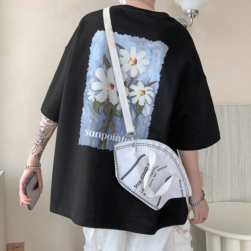 Bonsir Floral print short sleeve t-shirt men's summer heavyweight loose fashion ins top American casual t-shirt Sale Flower tshirt