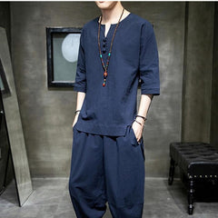 Bonsir Japanese Style Suits Kimono Short-Sleeved T-shirt Pants Two Piece Men Tops Trousers Male Japan Harajuku Yukata Cardigan Costume