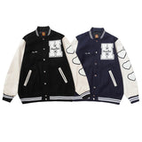 Bonsir Flocking Letter Embroidery Patchwork Human Made Wool Coat for Male and Female Retro Leather Sleeve Oversized Autumn Jackets