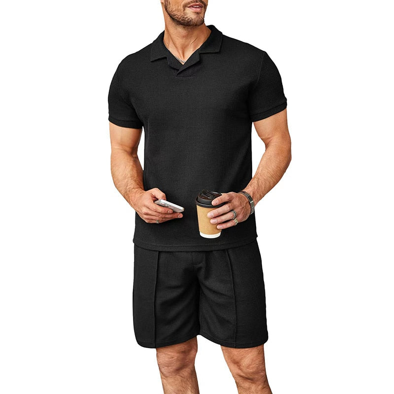 Bonsir Leisure Solid Color Ribbed Two Piece Sets Men Fashion Short Sleeve Lapel Polo Shirts And Shorts Suits For Men's Summer Clothing