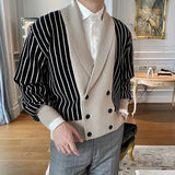 Bonsir Vintage Turn-down Collar Double-breasted Sweater Cardigans Men Winter Fashion Striped Patchwork Blazer Jackets For Mens Knit Top