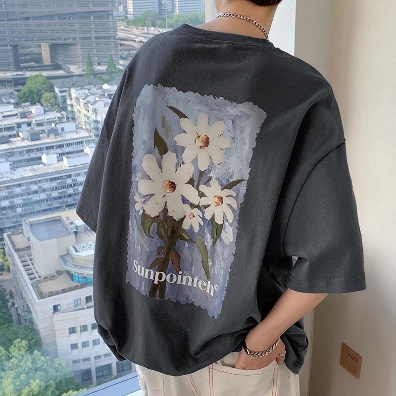 Bonsir Floral print short sleeve t-shirt men's summer heavyweight loose fashion ins top American casual t-shirt Sale Flower tshirt