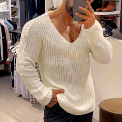 Bonsir Mens Casual V-Neck Solid Sweater Autumn Winter Fashion Knitted Pullover Tops For Men  Harajuku Long Sleeve Jumper Streetwear