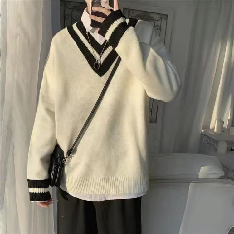 Bonsir Couple's Clothes Autumn Men's Wool Sweater Loose Coats Student Black Color Pullover V-neck Cardigan Cashmere Knitting