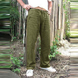 Bonsir Casual Men's Loose Solid Straight Pants Spring Summer Leisure Drawstring Pleated Mid Waist Tie-up Thin Beach Trouser Mens