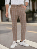 Bonsir Vintage Men Plaid Print Pants Autumn Casual Buttoned Mid Waist Straight Trousers Mens Fashion Striped Long Pant Male Streetwear