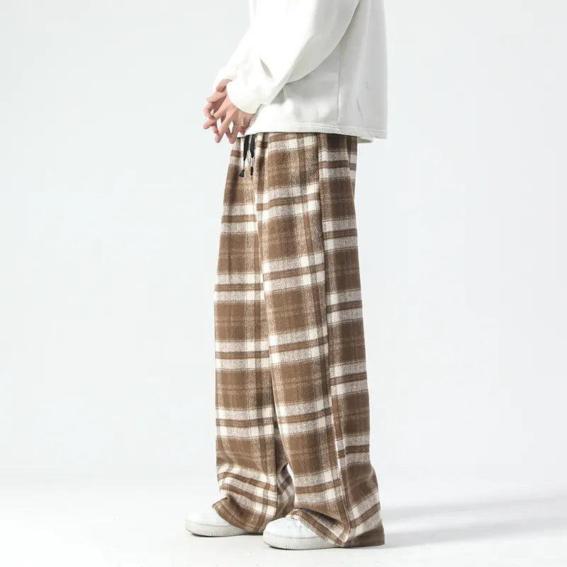 Bonsir Black White Plaid Velvet Joggers Pants Men Streetwear Oversized Pants Hop Hop Elastic Wasit Man Straight Trousers