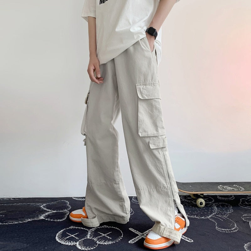 Bonsir Khaki/Black Cargo Pants Men Fashion Pocket Casual Pants Mens Japanese Streetwear Loose Hip Hop Straight Pants Mens Trousers