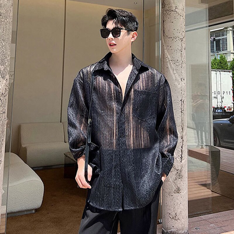 Bonsir Korean Style Transparent Men's Fashion Striped Shirts Summer Trendy Long Sleeve Mesh Tops New Perspective Clothing