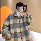 Bonsir Winter Thick Woolen Coat Men Warm Fashion Casual Plaid Woolen Coat Men Korean Loose Medium Long Woolen Jacket Mens Overcoat