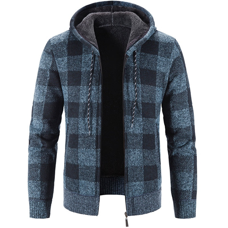 Bonsir Men's Hooded Plaid Printed Long Sleeve Sweater Autumn Winter Plush Large Casual Cardigan Coat