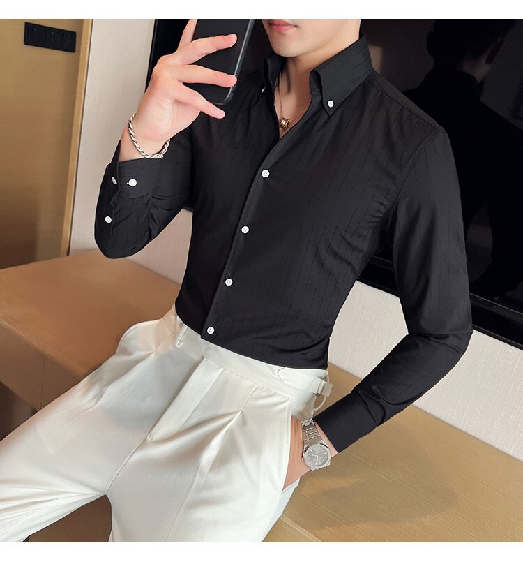 Bonsir British Style Striped Shirts Men V Collar Long Sleeve Casual Shirt Male Business Formal Dress Shirts Social Party Blouse