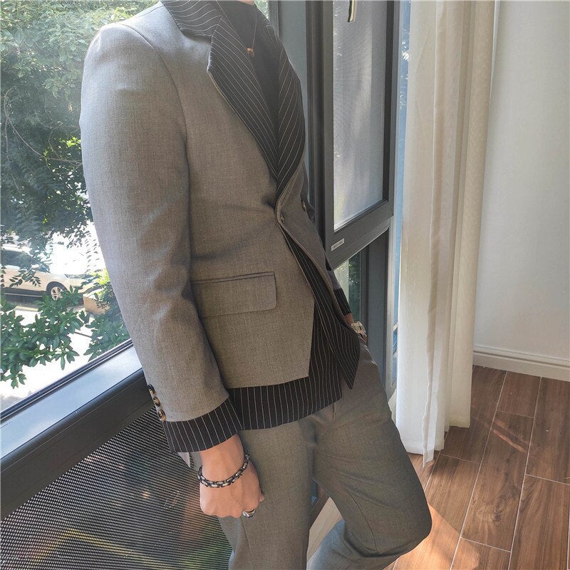 Bonsir Korean Patchwork Suit 2 Piece Suit Blazer Men Suit Set Slim Fit Tuxedo Suit Blazer Suit Men Stylish Blazer Stage Party Club