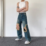 Bonsir Summer Men's Worn Out Jeans Vintage Distressed Hole Wide Leg Denim Straight Pants Korean Personality Casual Srteet