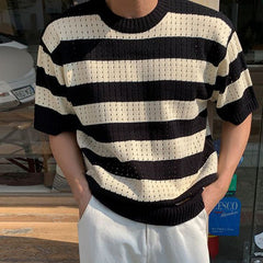 Bonsir Knitting Striped Male T-shirts Men's Round Neck Contrasting Colors Casual Short Sleeve Pullover Spring Chic New