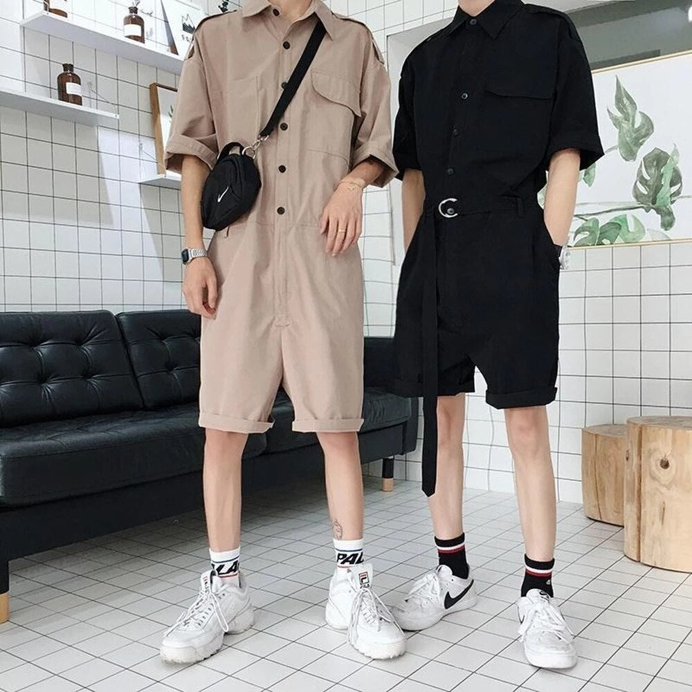 Bonsir Fashion Men Playsuit Overalls Punk Hip Hop Korean Version Pocket Pant Loose Short Sleeve Rompers Youth Cargo Jumpsuit Streetwear