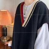 Bonsir Oversize Sweater Vests Men Patchwork V-neck Striped Big Size 5XL Preppy Style Couple Soft Knitwear Leisure Sleeveless Jumpers