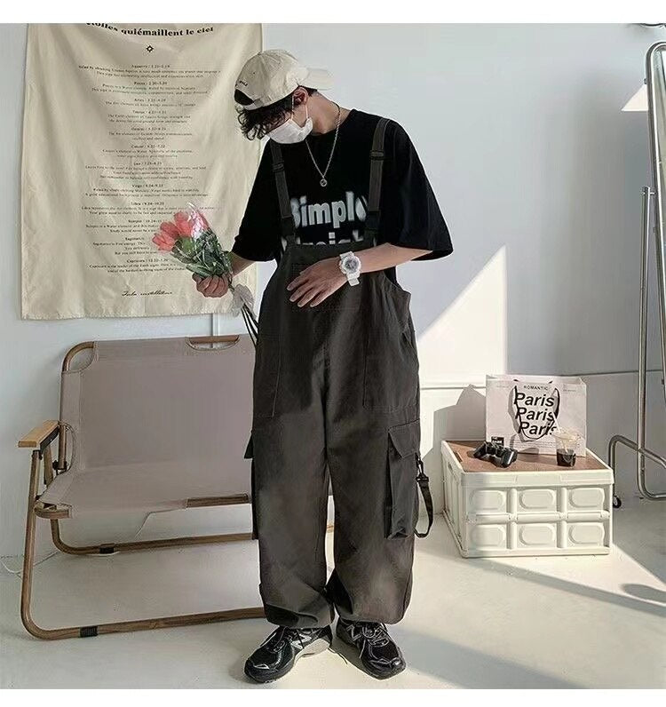 Bonsir  Men's Fashion Oversized Overalls College Style Salopettes Romper Jumpsuit Grey/black Color Casual Pants Loose Work Trousers