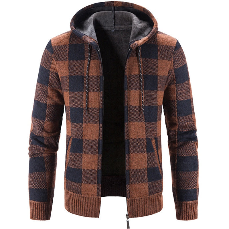 Bonsir Men's Hooded Plaid Printed Long Sleeve Sweater Autumn Winter Plush Large Casual Cardigan Coat