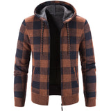 Bonsir Men's Hooded Plaid Printed Long Sleeve Sweater Autumn Winter Plush Large Casual Cardigan Coat
