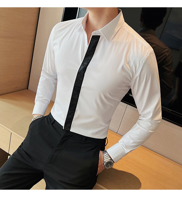 Bonsir Fashion Splicing Shirts Men Long Sleeve Slim Casual Shirt High Quality Business Dress Shirt Formal Social Party Tuxedo Blouse