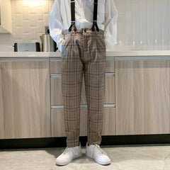 Bonsir Men's Fashion Trend Straight Casual Pants Retro Work Suspenders Detachable Korean Plaid Printing Romper Jumpsuit S-2XL