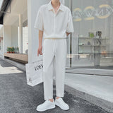Bonsir Men's Solid Color Ice Silk Fabric Pants Two Piece Sportswear Set Leisure Short Sleeve Tracksuit Shirt Suits Workwear M-3XL