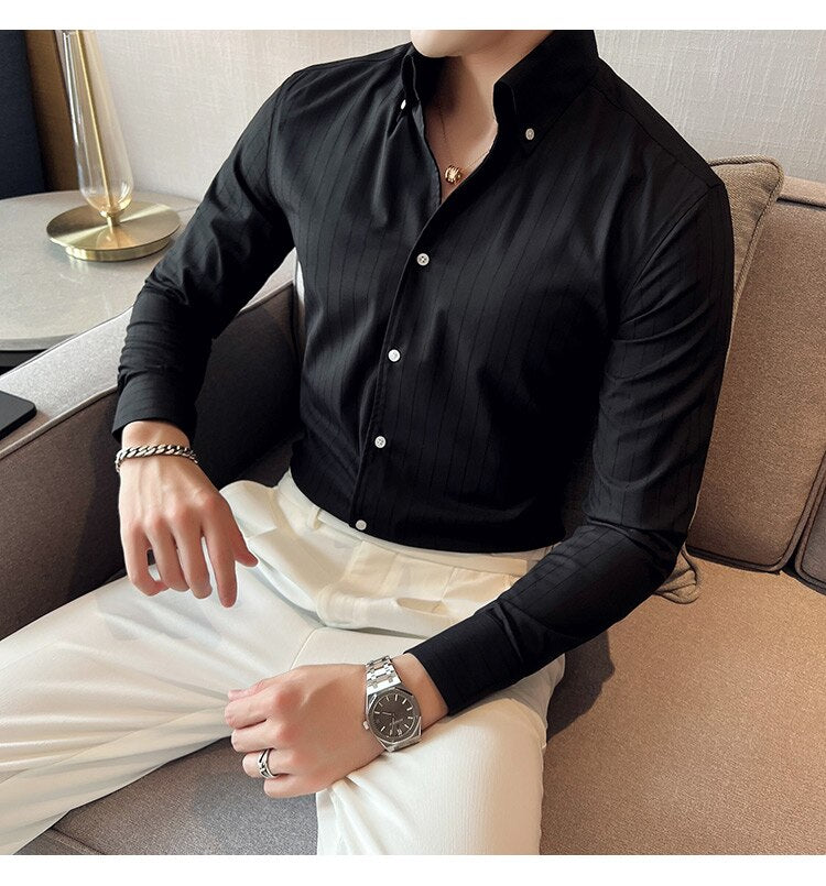 Bonsir British Style Striped Shirts Men V Collar Long Sleeve Casual Shirt Male Business Formal Dress Shirts Social Party Blouse