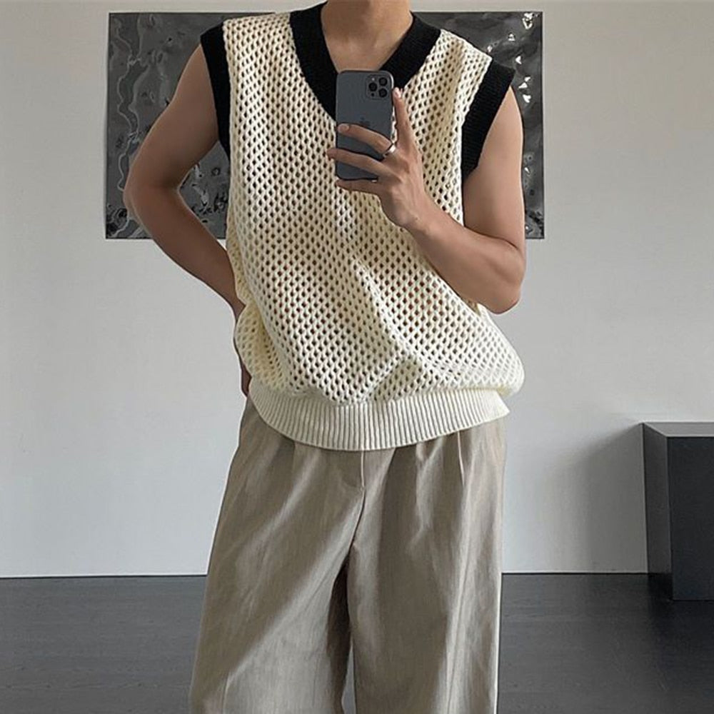 Bonsir Contrasting Color V-neck Knitted Sweater Vest Men's Spring Casual Sleeveless Tank Top Hollow Loose Tee Trendy Streetwear Unisex