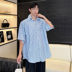 Bonsir Korean Style Irregular Striped Patchwork Shirts Men's Tide Fashion Short Sleeve Lapel Tops Male New Versatile