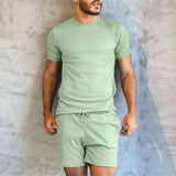 Bonsir Spring Summer Solid Color Casual Ribbed Two Piece Set Men Fashion Short Sleeve O Neck T-shirt And Shorts Suits Mens Clothes