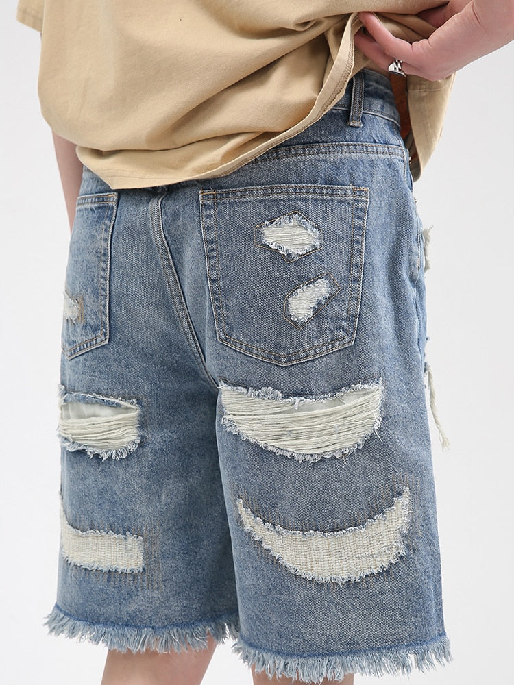 Bonsir Men's Shorts Wear Summer New Korean Fashion Loose Hole Burr Design Denim Casual Vintage Temperament Male T3930