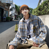 Bonsir Autumn Thick Woolen Shirt Men Fashion Retro Casual Oversized Plaid Shirts Mens Korean Blue/Green Loose Long-sleeved Shirt Men