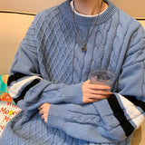 Bonsir Striped Patchwork Men's Round Neck Sweater Fashion Autumn Loose Knitted Pullovers New Korean Style Male Knitwear
