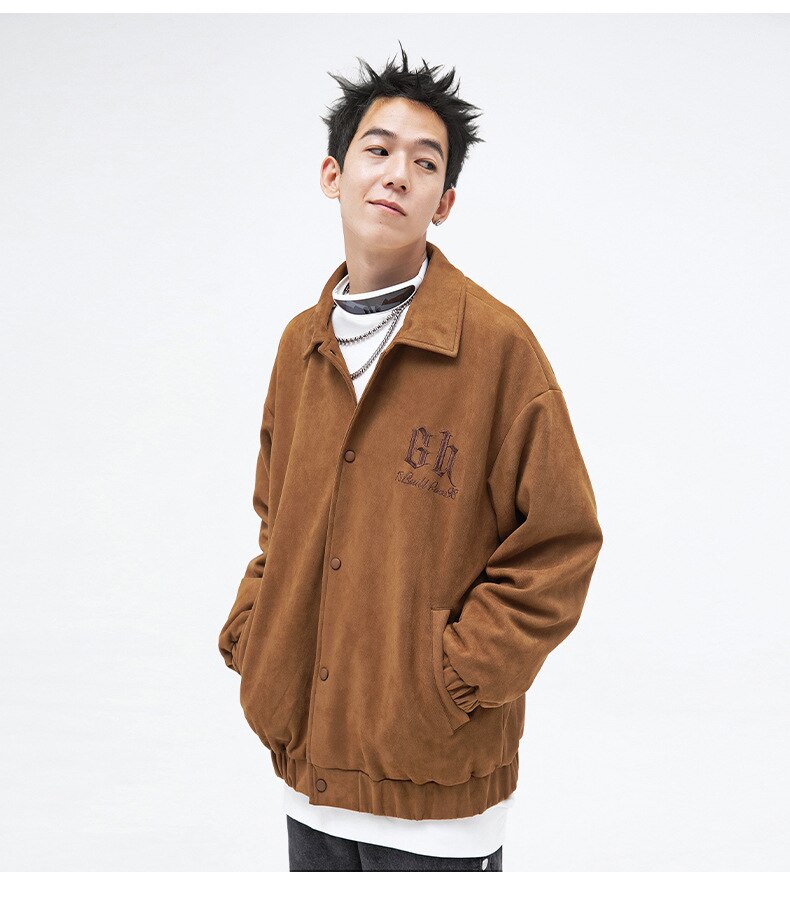 Bonsir American Baseball Uniform Retro Embroidery Lapel Jacket Men's Autumn Loose Casual Suede Coats High Street Youth Motor Clothing