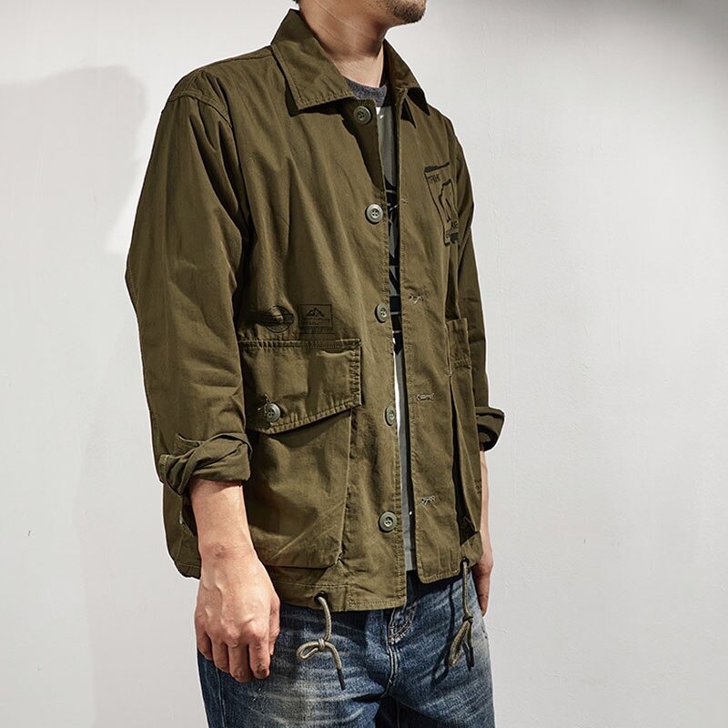 Bonsir New Mens Cargo Jacket Army Green Casual Outerwear American Loose Outdoor Military Youth Coat Male