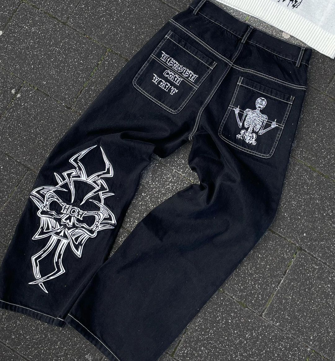 Bonsir Skull Print Jeans Men Women American High Street Harajuku Y2K T –  bonsir
