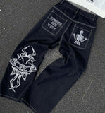 Bonsir Skull Print Jeans Men Women American High Street Harajuku Y2K Trousers Loose Casual Pants Straight Oversized Jeans