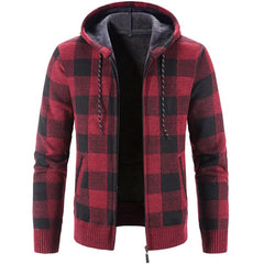 Bonsir Men's Hooded Plaid Printed Long Sleeve Sweater Autumn Winter Plush Large Casual Cardigan Coat