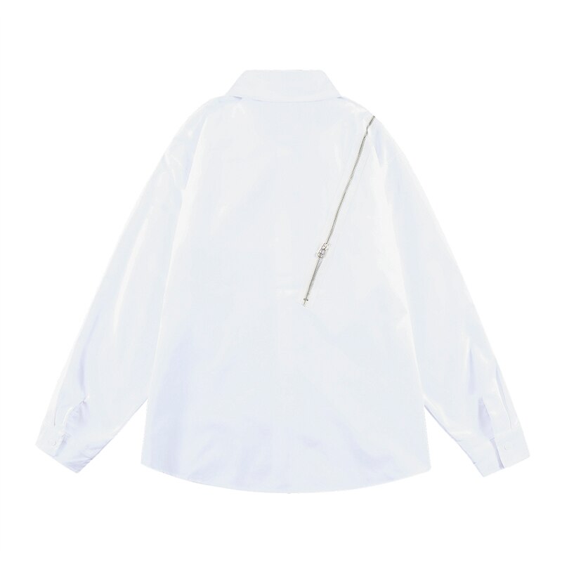 Bonsir Harajuku Zipper Decorate White Black Long Sleeve Men's Autumn Shirts Retro Streetwear Spliced Oversized Loose Couple Tops