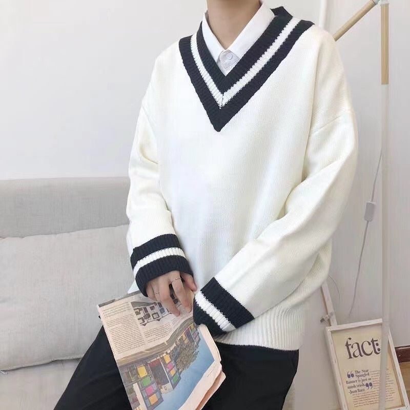 Bonsir Couple's Clothes Autumn Men's Wool Sweater Loose Coats Student Black Color Pullover V-neck Cardigan Cashmere Knitting