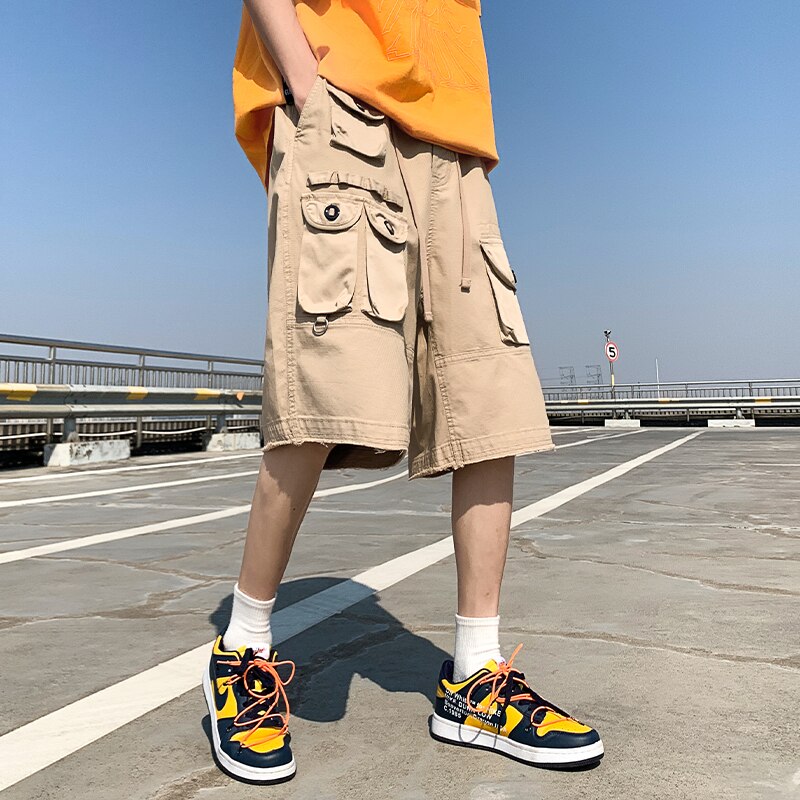 Bonsir Summer New Hot Sale Shorts Men Zipper Fly Solid Cargo Pants Japanese Multi-pockets Hip Hop Shorts Straight Tube Overalls