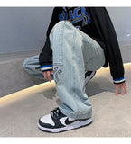 Bonsir Washed Blue Mopping Jeans Men Hiphop Casual Loose Straight Wide Leg Printed Cross Overalls Casual Denim Trousers Four Seasons