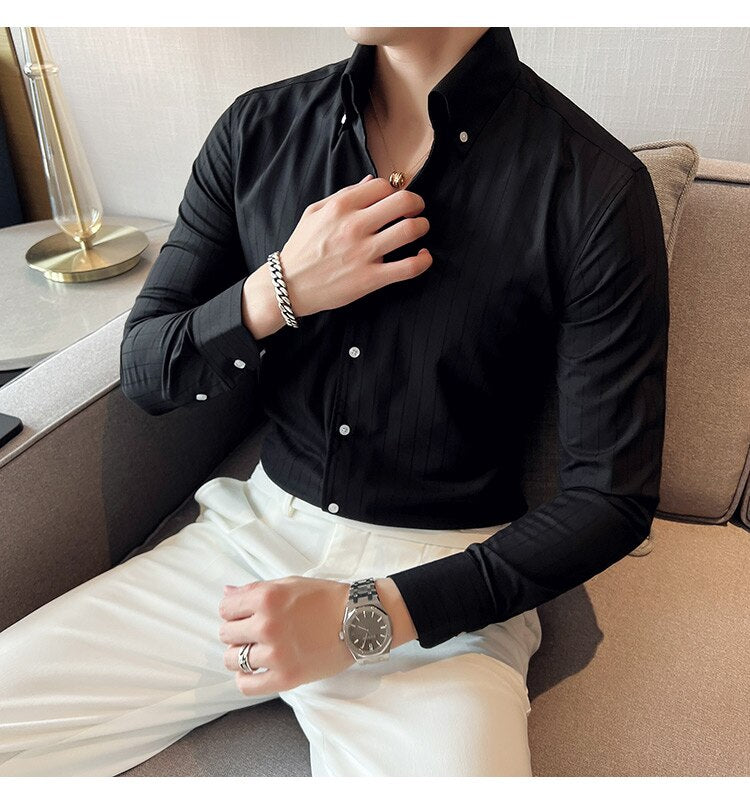 Bonsir British Style Striped Shirts Men V Collar Long Sleeve Casual Shirt Male Business Formal Dress Shirts Social Party Blouse