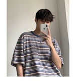 Bonsir Summer Men's Korean Loose Stripe Printing T-shirts Short Sleeve Round Neck Tshirt Green/blue Color Clothes T Shirts M-2XL