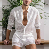 Bonsir New Arrivals Men Set Summer Sexy See Through Lace Outfits Beach Fashion Short Sleeved Tops And Shorts Mens Two Piece Suits