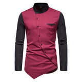 Bonsir New Shirts For Men Long Sleeve Lrregular Diagonal Button Contrast Henry Collar Shirts Personality Mens Top Clothes Wedding Shirt