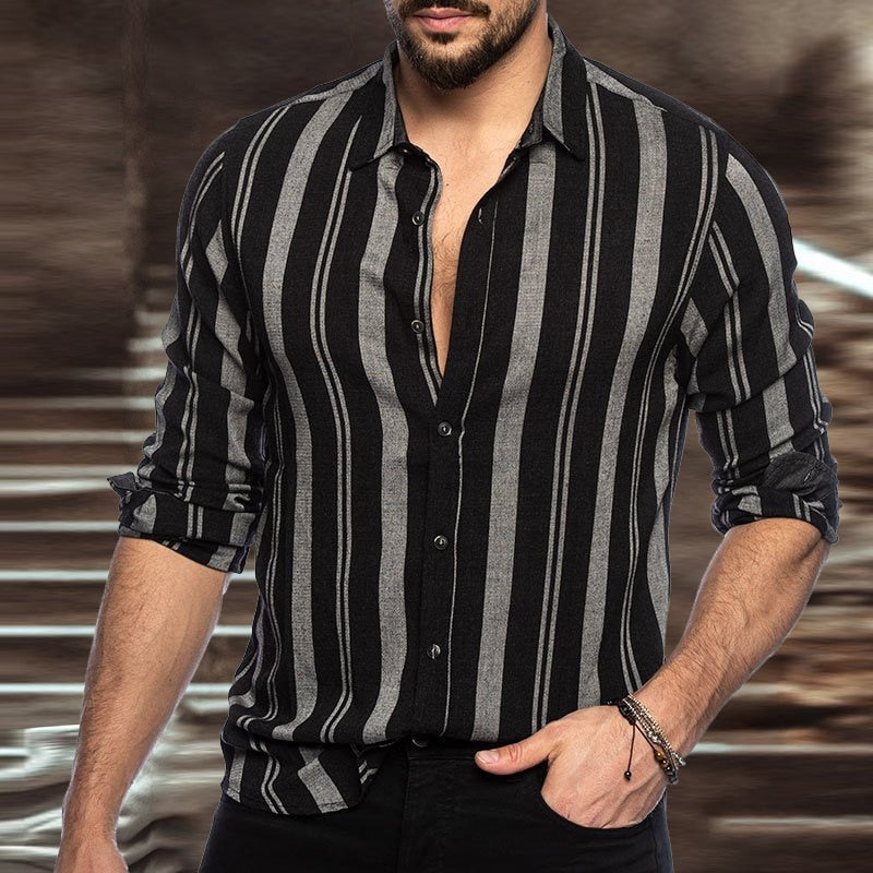 Bonsir Autumn Casual Men Clothes Vintage Striped Print Shirts Long Sleeve Turn-down Collar Button-down Tops Mens Spring Fashion Shirt